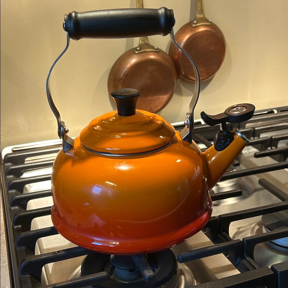 Le Creuset Orange Enamel Whistling Tea Kettle - Classic Stovetop Design